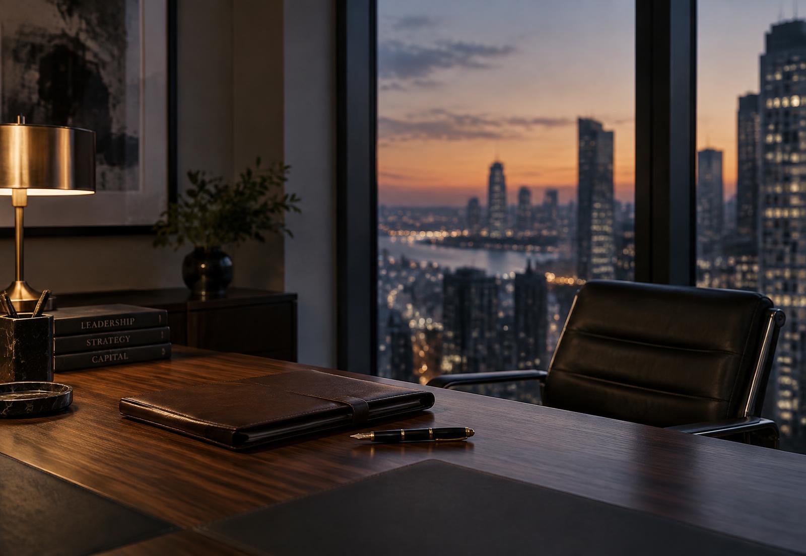 A quiet private office at dusk